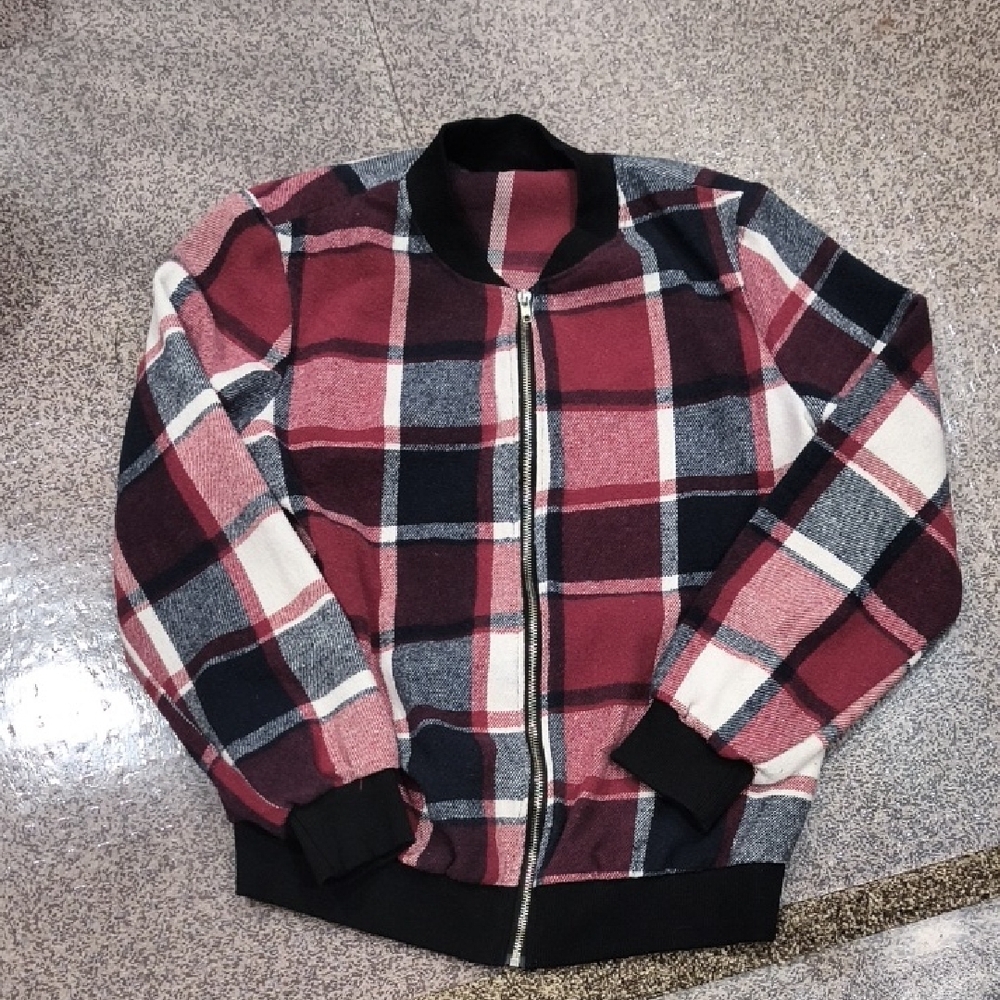 Red and Black Tartan Bomber Jacket with Ribbed Trim
